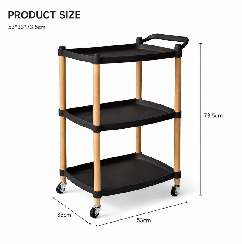 O2. Black 3-Tier Rolling Utility Cart with Wheels and Handles, Mobile Storage Trolley, Kitchen Storage Rack, Bathroom Organizer, Shelving Unit for Laundry Room, Bedroom, Office and Pantry, 53 x 33 x 73.5 cm - Image 3