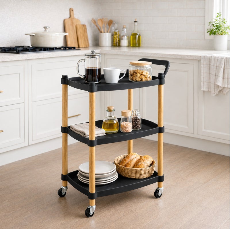 O2. Black 3-Tier Rolling Utility Cart with Wheels and Handles, Mobile Storage Trolley, Kitchen Storage Rack, Bathroom Organizer, Shelving Unit for Laundry Room, Bedroom, Office and Pantry, 53 x 33 x 73.5 cm - Image 1