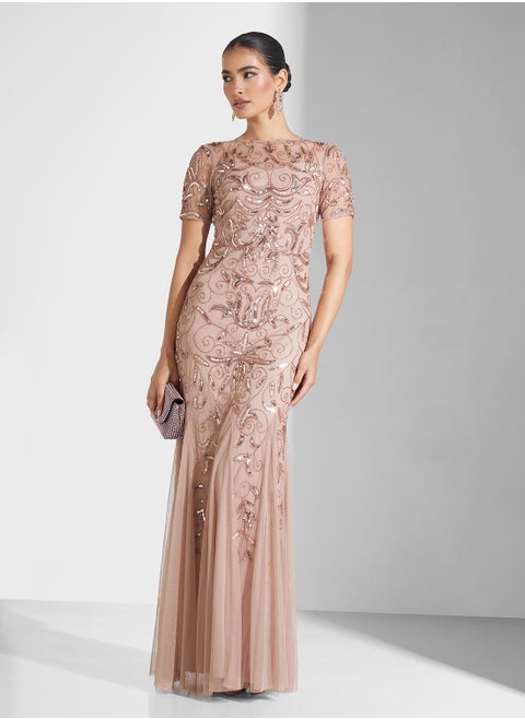 Embellished Pleated Maxi Dress