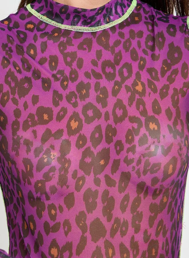 تايك تو Purple Leopard Mesh Bodysuit