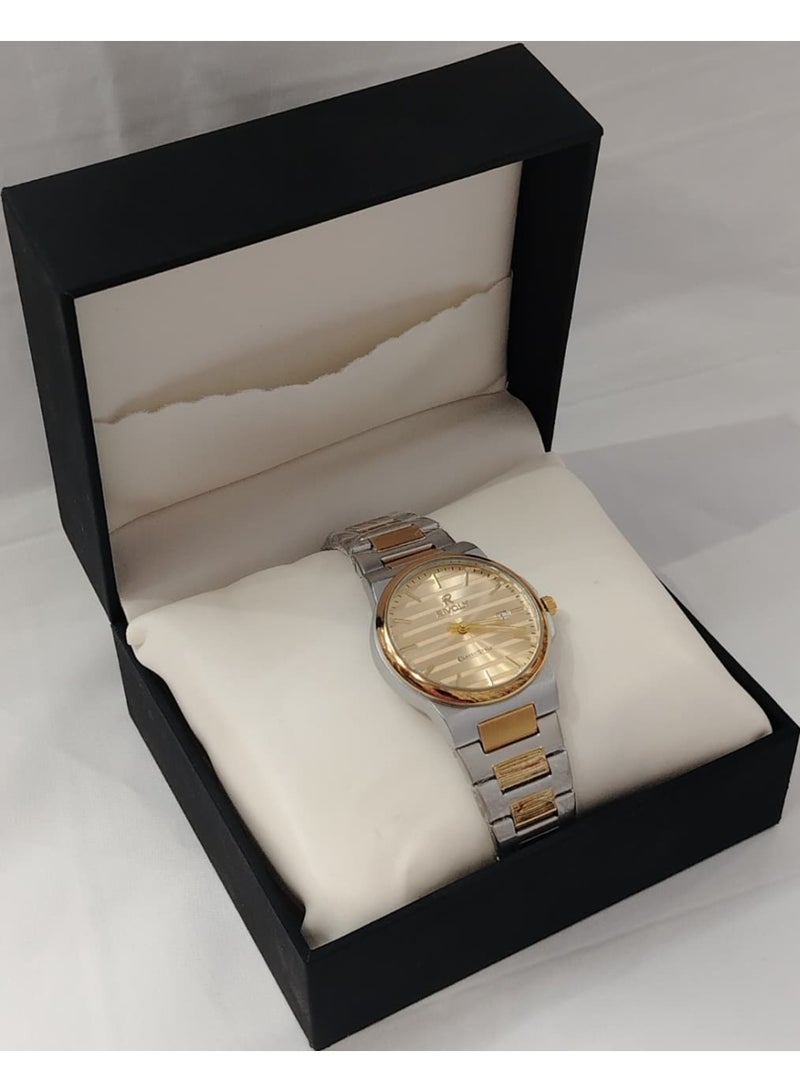 ريفولي ساعة كلاسيكية أنيقة بسوار ستانلس ستيل ومؤشر تاريخ، تصميم راقٍي وجميل