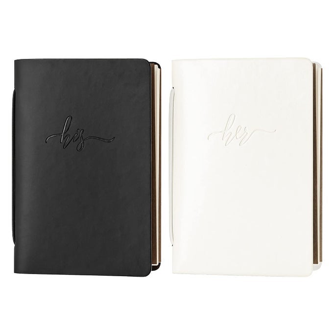 HANDCRAFTED WEDDING VOW BOOKS SET OF 2 BLACK WHITE AUTHENTIC COWHIDE COVER WITH HIS AND HER STAMPING