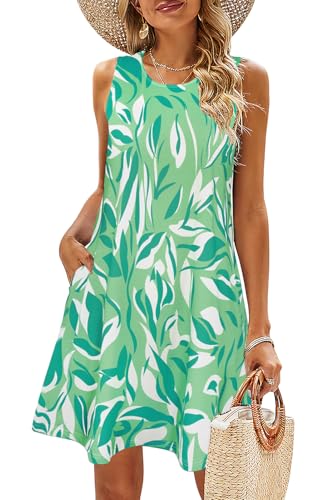 SimpleFun Green Dresses for Women Casual Summer Sleeveless Sundresses Flowy Short Dress with Pockets Green Leaf 2,M - Image 1