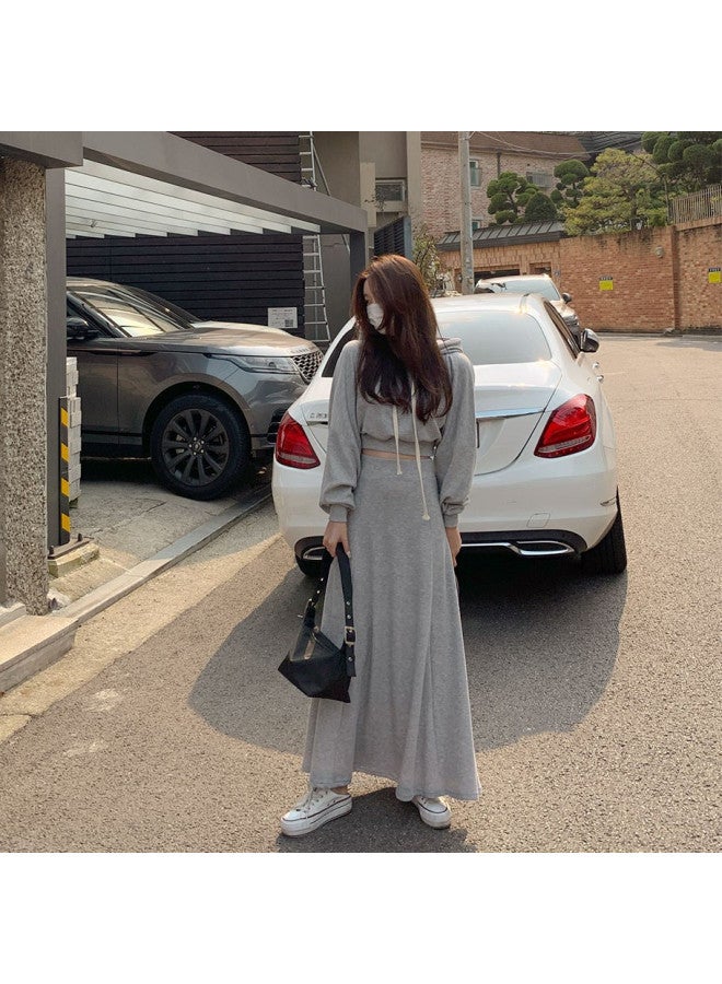 في المخزون】 سترة هود طويلة الأكمام وردية فضفاضة لفصل الربيع والخريف، تنورة طويلة عالية الخصر على شكل حرف A، مجموعة من قطعتين - Image 3