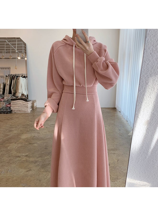 في المخزون】 سترة هود طويلة الأكمام وردية فضفاضة لفصل الربيع والخريف، تنورة طويلة عالية الخصر على شكل حرف A، مجموعة من قطعتين - Image 4