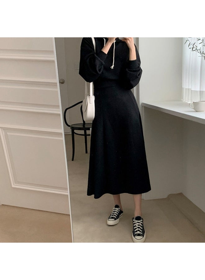 في المخزون】 سترة هود طويلة الأكمام وردية فضفاضة لفصل الربيع والخريف، تنورة طويلة عالية الخصر على شكل حرف A، مجموعة من قطعتين - Image 2