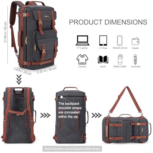 Tzowla Canvas Travel Backpack Carry on Flight Approved,Large Vintage Messenger Bag,3-in-1 Convertible Backpacks Duffel Bag,Personal ltem Laptop Rucksack for Men and Women Fit 17 Inch Laptop(Black) - Image 4