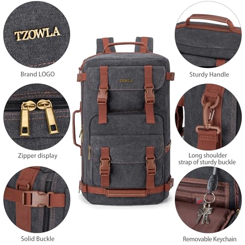 Tzowla Canvas Travel Backpack Carry on Flight Approved,Large Vintage Messenger Bag,3-in-1 Convertible Backpacks Duffel Bag,Personal ltem Laptop Rucksack for Men and Women Fit 17 Inch Laptop(Black) - Image 5
