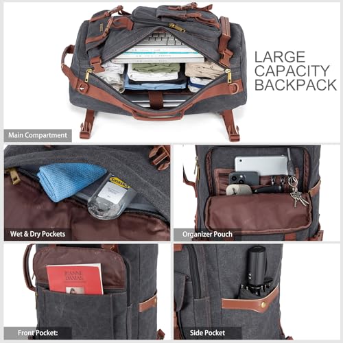 Tzowla Canvas Travel Backpack Carry on Flight Approved,Large Vintage Messenger Bag,3-in-1 Convertible Backpacks Duffel Bag,Personal ltem Laptop Rucksack for Men and Women Fit 17 Inch Laptop(Black) - Image 2
