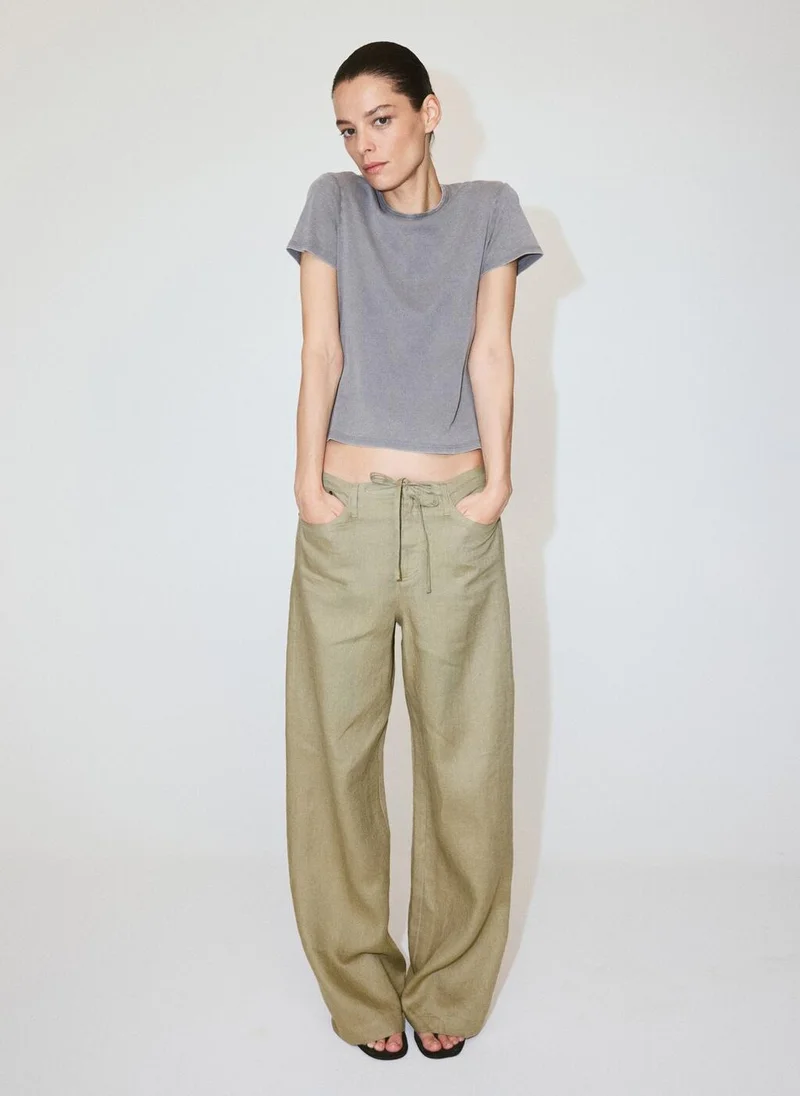 Mango 37-KHAKI Bow Linen Pants for Women | Best Price UAE