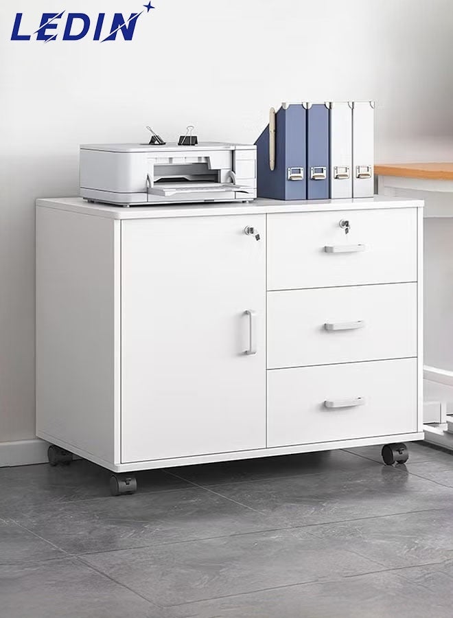 ليدين خزانة جانبية خشبية، خزانة تخزين حديثة، خزانة مستندات أرضية بعجلات، خزائن ملفات، خزانة مكتب بقفل (أبيض) - Image 1