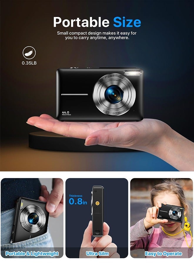 44MP HD Digital Camera with 32GB Card, 2 Batteries, Compact Photo Camera with 1080P Video, 2.4 Inch Screen, 16X Zoom, Anti Shake, Rechargeable Battery for Girls and Boys, Perfect for Kids and Beginners.