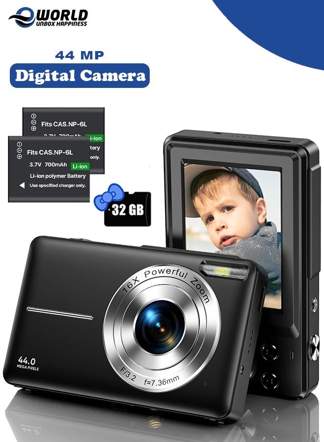 Eworld 44MP HD Digital Camera with 32GB Card, 2 Batteries, Compact Photo Camera with 1080P Video, 2.4 Inch Screen, 16X Zoom, Anti Shake, Rechargeable Battery for Girls and Boys, Perfect for Kids and Beginners.  - Image 1