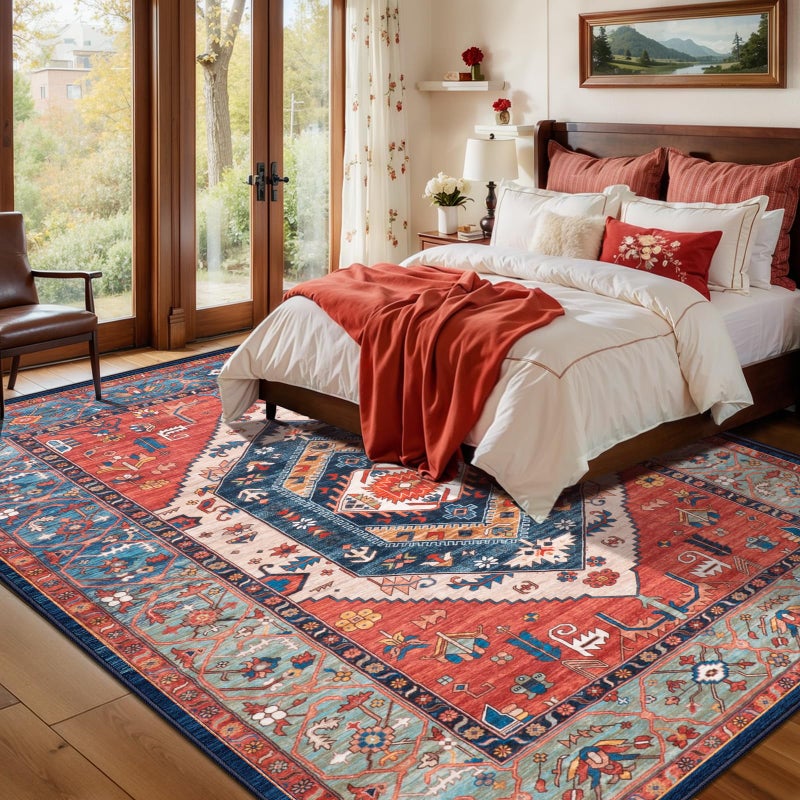 SERISSA Washable Rugs 6x9 Area Rugs, Large Non-Slip Boho Living Room Rust Rug, Ultra Soft Vintage Print Distressed Oriental Tribal Farmhouse Carpet for Dining Room Bedroom Dorm Office Home Decor - Image 2