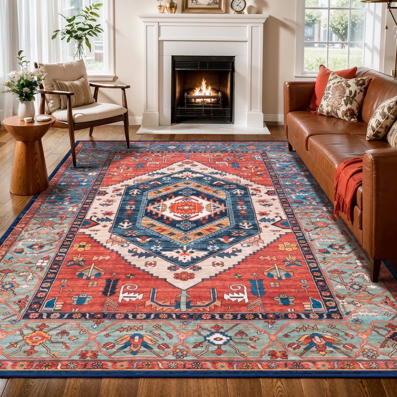 SERISSA Washable Rugs 6x9 Area Rugs, Large Non-Slip Boho Living Room Rust Rug, Ultra Soft Vintage Print Distressed Oriental Tribal Farmhouse Carpet for Dining Room Bedroom Dorm Office Home Decor - Image 1