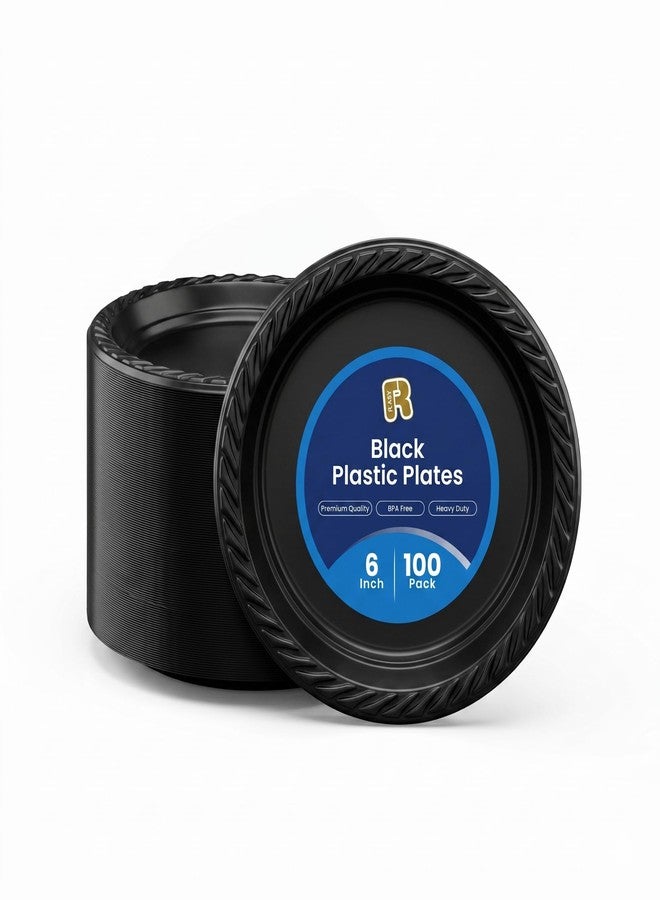 R-kay 100 Pack 6 Inch Black Plastic Plates Disposable - Heavy Duty Black Dessert Plates Disposable - Microwavable Small Disposable Plastic Plates - Image 1