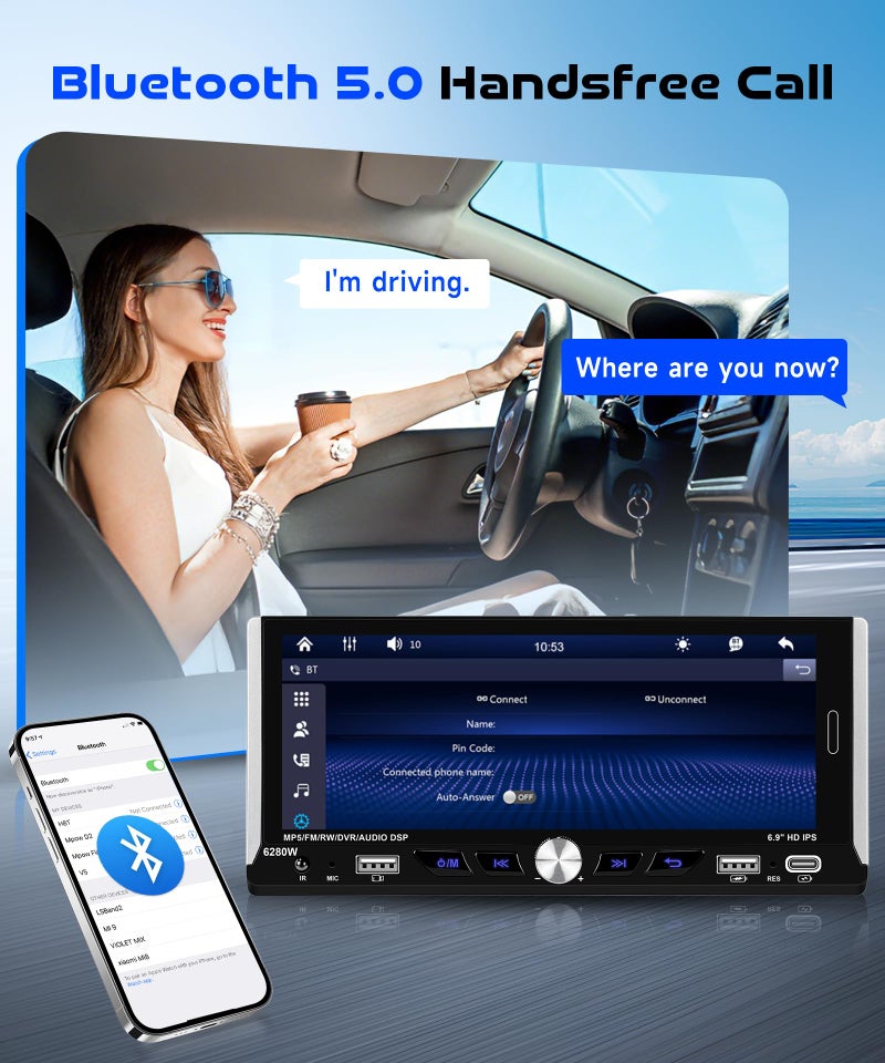 MAHVEC 6.9-inch Single Din Car Stereo Wireless Carplay,1280X480P IPS Touch Screen Car Radio,5.0Bluetooth Audio,Night Vision Backup Camera,Mirror Link,EQ,GPS,Type-C/USB,SWC,7-Color Backlight,Mic,Android Auto - Image 4