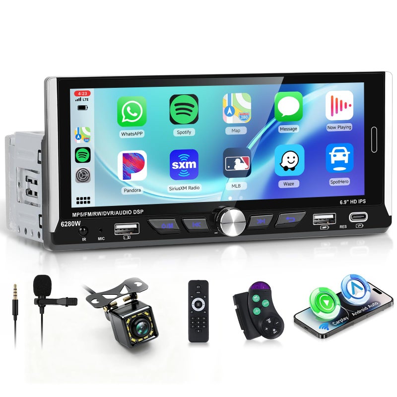 MAHVEC 6.9-inch Single Din Car Stereo Wireless Carplay,1280X480P IPS Touch Screen Car Radio,5.0Bluetooth Audio,Night Vision Backup Camera,Mirror Link,EQ,GPS,Type-C/USB,SWC,7-Color Backlight,Mic,Android Auto - Image 1