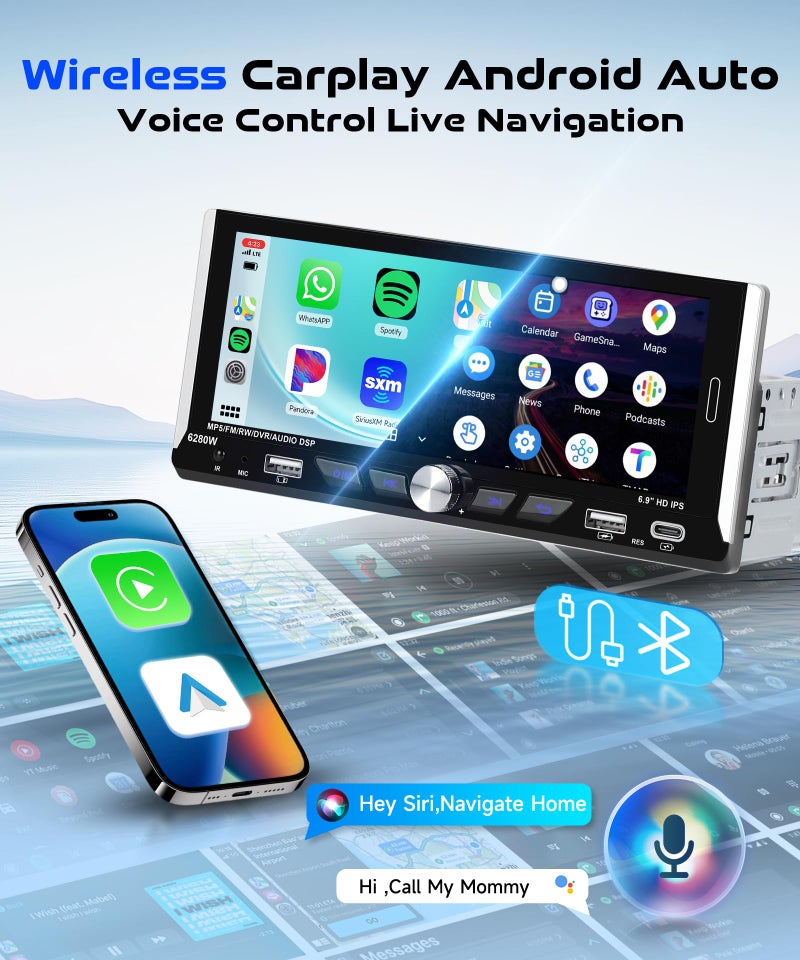 MAHVEC 6.9-inch Single Din Car Stereo Wireless Carplay,1280X480P IPS Touch Screen Car Radio,5.0Bluetooth Audio,Night Vision Backup Camera,Mirror Link,EQ,GPS,Type-C/USB,SWC,7-Color Backlight,Mic,Android Auto - Image 2