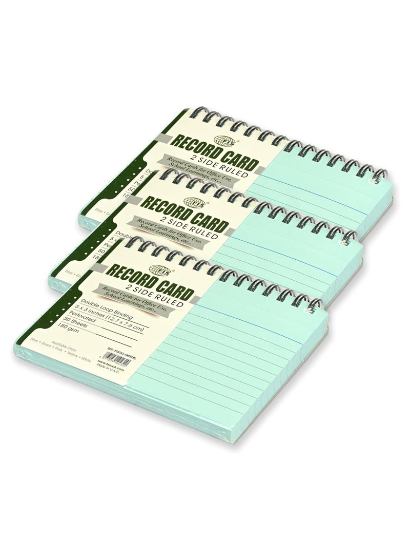 FIS® Ruled Record Cards, Size:5"x3" Inches (127x76mm), Double Loop Spiral Binding, Two Sides Single Ruled, 180gsm, Perforated, 50 Sheets Per Pad, Packet of 3 Pieces, Blue Color -FSIC53-180SPBL-3 - Image 1