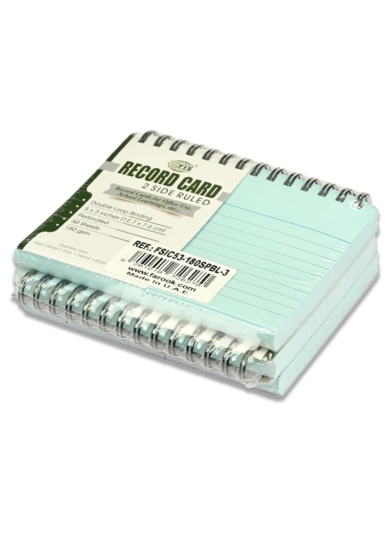 FIS® Ruled Record Cards, Size:5"x3" Inches (127x76mm), Double Loop Spiral Binding, Two Sides Single Ruled, 180gsm, Perforated, 50 Sheets Per Pad, Packet of 3 Pieces, Blue Color -FSIC53-180SPBL-3 - Image 2