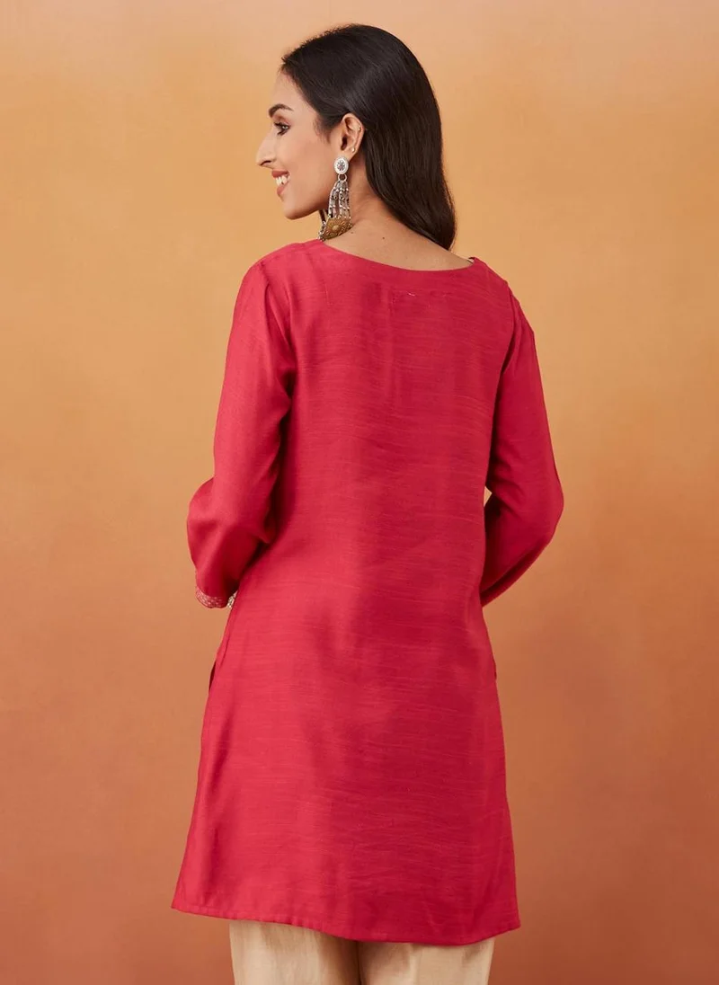 فاب انديا Pink Viscose Silk Slim Fit Embroidered Short Kurta
