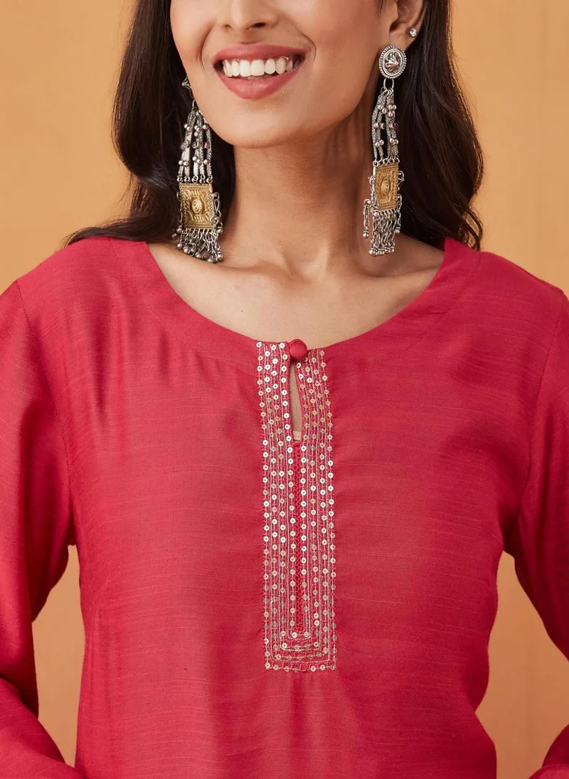 فاب انديا Pink Viscose Silk Slim Fit Embroidered Short Kurta