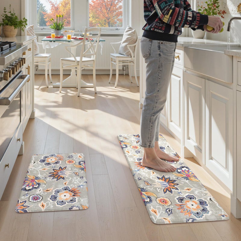 LEEVAN Anti Fatigue Mats for Kitchen Floor 2 Piece,Cushioned Memory Foam Blue Gray Kitchen Mats for Floor,Comfort Floral Boho Non Slip Kitchen Floor Mat for Sink,Laundry,Office(17''x29''+17''x47'') - Image 5