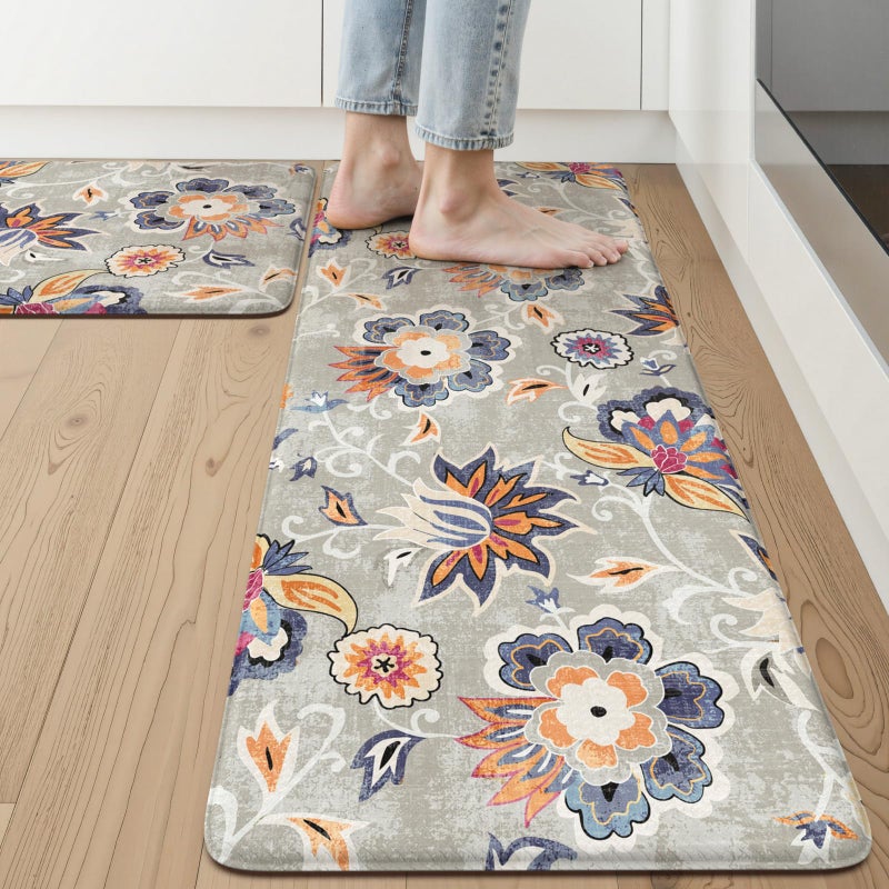 LEEVAN Anti Fatigue Mats for Kitchen Floor 2 Piece,Cushioned Memory Foam Blue Gray Kitchen Mats for Floor,Comfort Floral Boho Non Slip Kitchen Floor Mat for Sink,Laundry,Office(17''x29''+17''x47'') - Image 1
