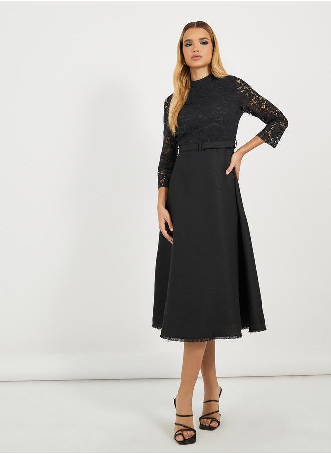 FAV Pleated Mandarin Collar Dress with Bell Sleeves and Tie
