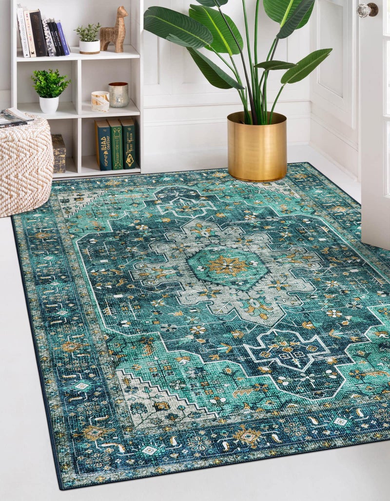 Moynesa Ultra-Thin Washable Vintage Area Rug - 5x7 Large Living Room Rug Boho Oriental Medallion Bedroom Mat Non-Slip Non-Shedding Dining Room Floor Carpet for Home Office, Teal/Mutil - Image 1