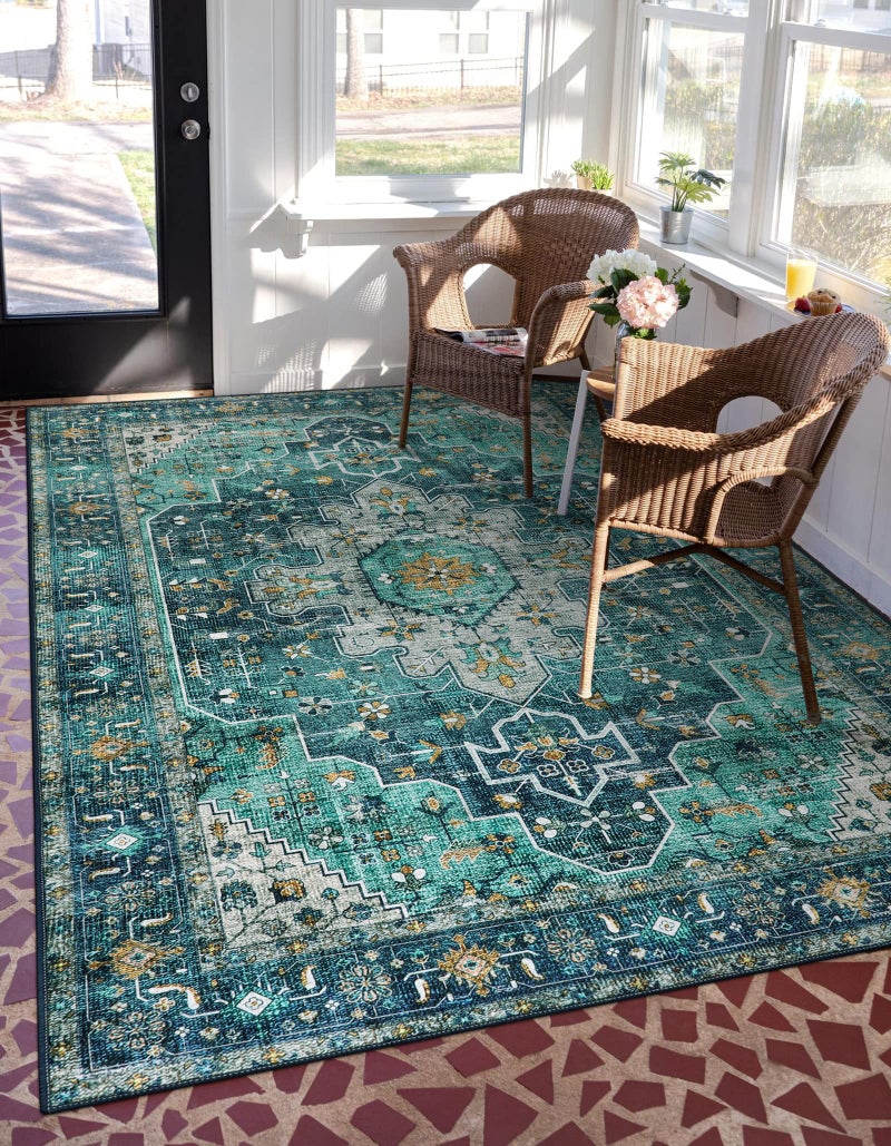 Moynesa Ultra-Thin Washable Vintage Area Rug - 5x7 Large Living Room Rug Boho Oriental Medallion Bedroom Mat Non-Slip Non-Shedding Dining Room Floor Carpet for Home Office, Teal/Mutil - Image 5