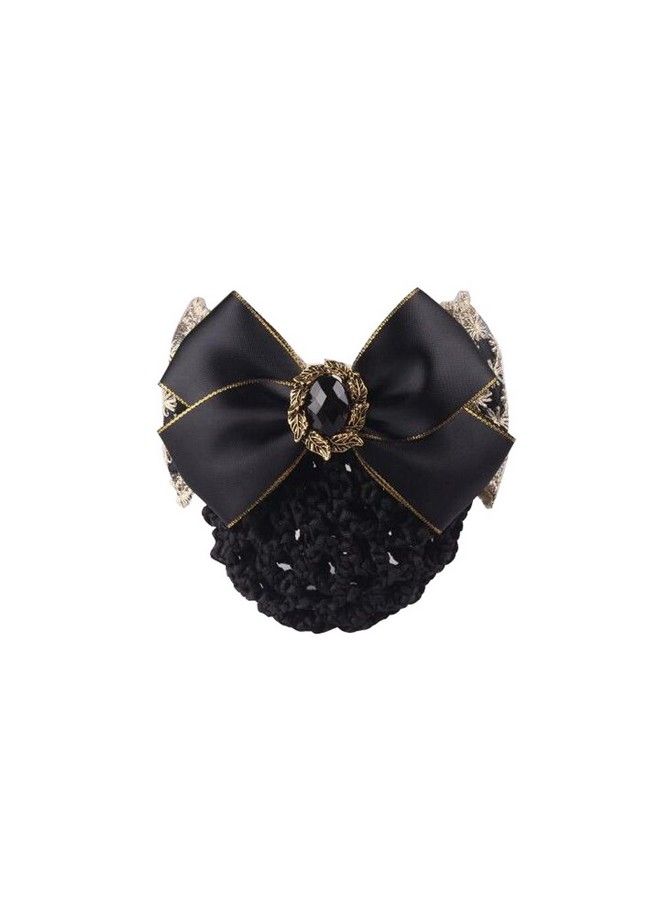 Elandy 1Pcs Lace Ribbon Bowknot Rhinestone Snood Net Elastic Hair Clip Barrette Bun Cover Black - Image 2