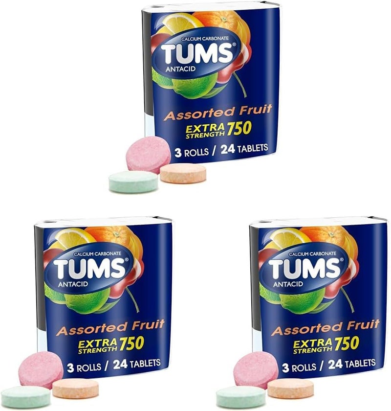 TUMS Extra Strength Assorted Fruit Antacid Chewable Tablets for Heartburn Relief 3 Rolls of 8ct Pack of 3 - Image 1