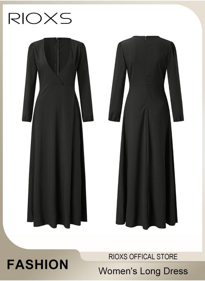 RIOXS Women's Elegant High Waist Maxi Dress, V-neck Long-sleeved Dress, Ruched Wrap Long Dress with Back Zipper and Belt, Stylish Exquisite Evening Prom Dress, Perfect for Both Casual and Formal Occasions  - Image 5
