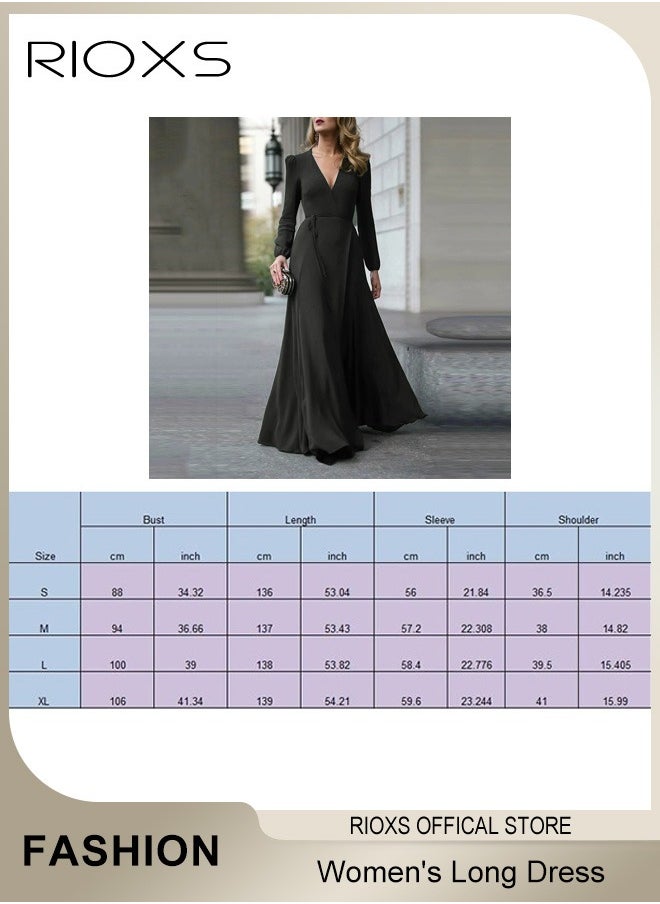 RIOXS Women's Elegant High Waist Maxi Dress, V-neck Long-sleeved Dress, Ruched Wrap Long Dress with Back Zipper and Belt, Stylish Exquisite Evening Prom Dress, Perfect for Both Casual and Formal Occasions  - Image 4