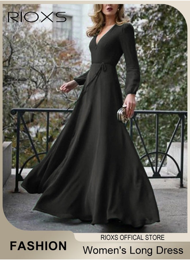 RIOXS Women's Elegant High Waist Maxi Dress, V-neck Long-sleeved Dress, Ruched Wrap Long Dress with Back Zipper and Belt, Stylish Exquisite Evening Prom Dress, Perfect for Both Casual and Formal Occasions  - Image 1