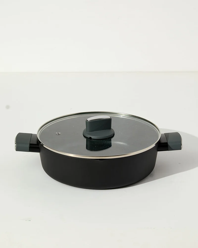 Redtag Grey Marble Non Stick Low Pot With Glass Lid (28Cm)