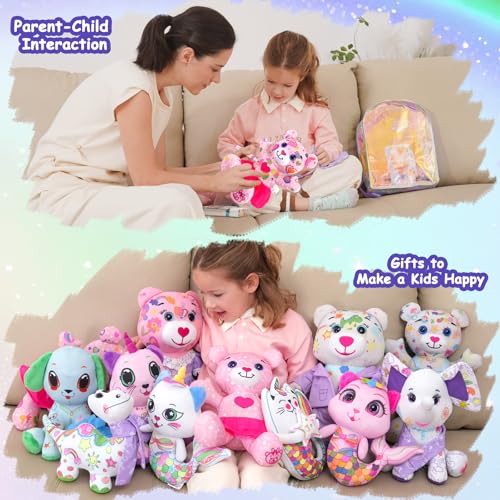 DRAWMYTOY Stuffed Animal Coloring Plush Toy with 20 Washable Markers Laser Holographic Backpack Road Trip Car Game Writing Painting Set for Girls Doodle Dolls Kids Ages 36 BirthdayPink Bear - Image 5