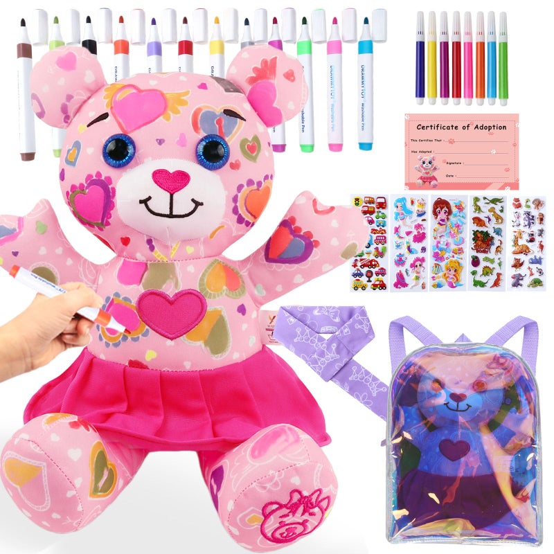 DRAWMYTOY Stuffed Animal Coloring Plush Toy with 20 Washable Markers Laser Holographic Backpack Road Trip Car Game Writing Painting Set for Girls Doodle Dolls Kids Ages 36 BirthdayPink Bear - Image 3