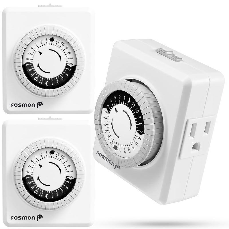 Fosmon 24-Hour Dual Timers Outlets for Electrical Outlets, Plug in Light Timer Programmable Indoor, Electric Plug for Lamp, Reptile, Grow and Christmas Light, Grounded, 3 Prong/15A/1875W- 3 Pack - Image 1