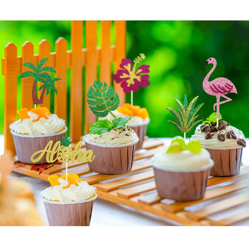 Moitkptt 24Pcs Tropical Cupcake Toppers  Luau Cake Topper Aloha Cupcake Picks Pineapple Flamingo Cupcake Decorations for Hawaiian Luau Theme Baby Shower Birthday Party Supplies (Aloha B) - Image 4
