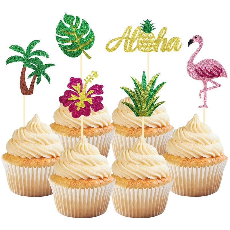 Moitkptt 24Pcs Tropical Cupcake Toppers  Luau Cake Topper Aloha Cupcake Picks Pineapple Flamingo Cupcake Decorations for Hawaiian Luau Theme Baby Shower Birthday Party Supplies (Aloha B) - Image 1