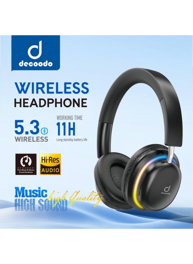 Decoodo RGB Wireless Headphones – Bluetooth 5.3, LED Lights, Deep Bass, Foldable, Built-in Mic – Black - Image 1