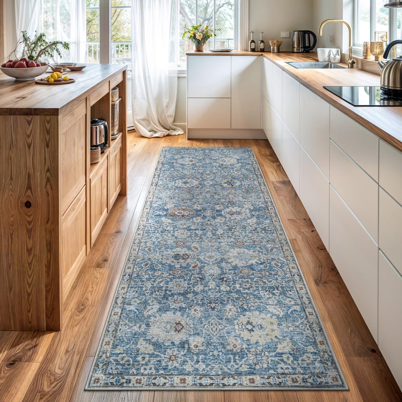 Bloom Rugs Caria Washable Non-Slip 10 ft Runner - Blue/Beige Traditional Runner for Entryway, Hallway, Bathroom, and Kitchen - Exact Size: 2'6" x 10' - Image 1