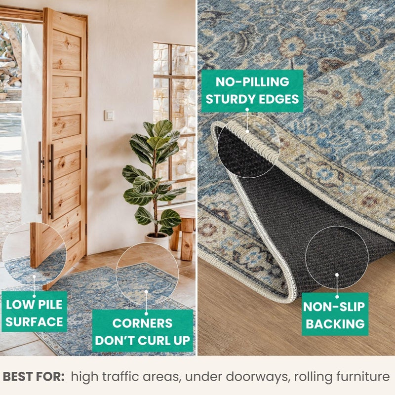 Bloom Rugs Caria Washable Non-Slip 10 ft Runner - Blue/Beige Traditional Runner for Entryway, Hallway, Bathroom, and Kitchen - Exact Size: 2'6" x 10' - Image 4