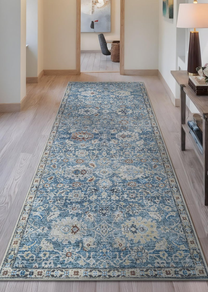 Bloom Rugs Caria Washable Non-Slip 10 ft Runner - Blue/Beige Traditional Runner for Entryway, Hallway, Bathroom, and Kitchen - Exact Size: 2'6" x 10' - Image 2