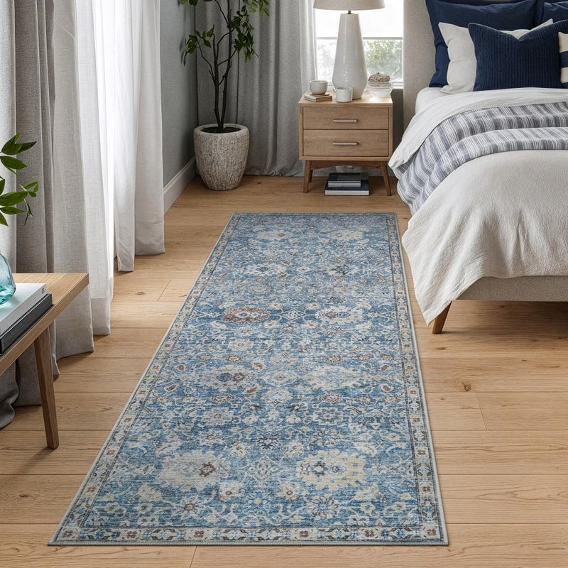 Bloom Rugs Caria Washable Non-Slip 10 ft Runner - Blue/Beige Traditional Runner for Entryway, Hallway, Bathroom, and Kitchen - Exact Size: 2'6" x 10' - Image 3