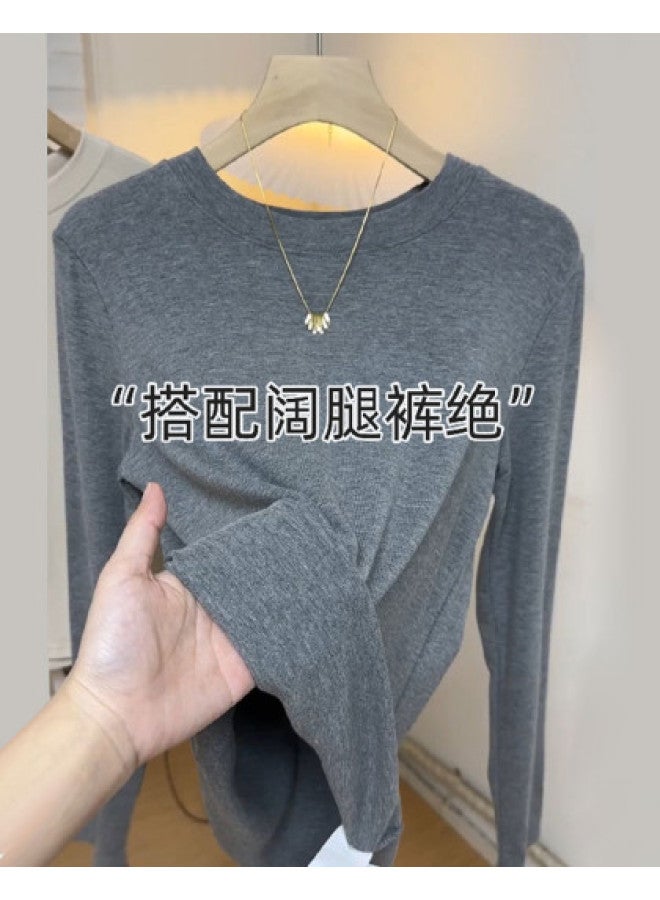 Modal Basic Solid Color Round Neck Long Sleeve T-Shirt For Women, Thin Layering Top For Spring And Autumn, Stylish Slimming Soft Base Shirt - Image 1