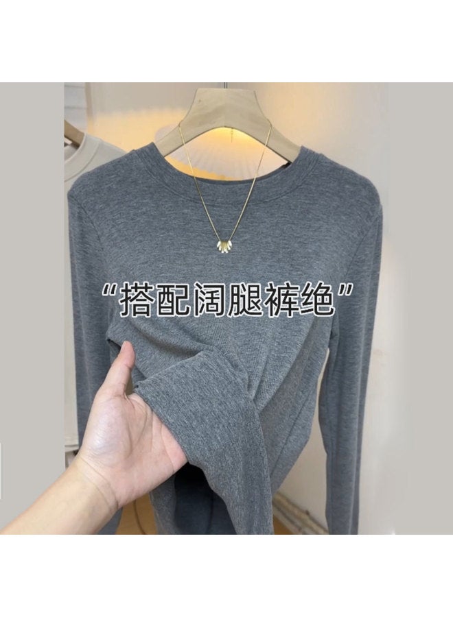 Modal Basic Solid Color Round Neck Long Sleeve T-Shirt For Women, Thin Layering Top For Spring And Autumn, Stylish Slimming Soft Base Shirt - Image 2